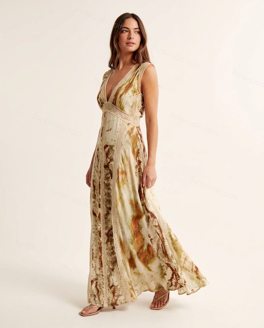Cream Abstract Maxi Lace Dress, side and back studio view, by Floravincie