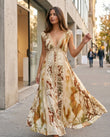 Cream Abstract Maxi Lace Dress, walking lifestyle view, by Floravincie