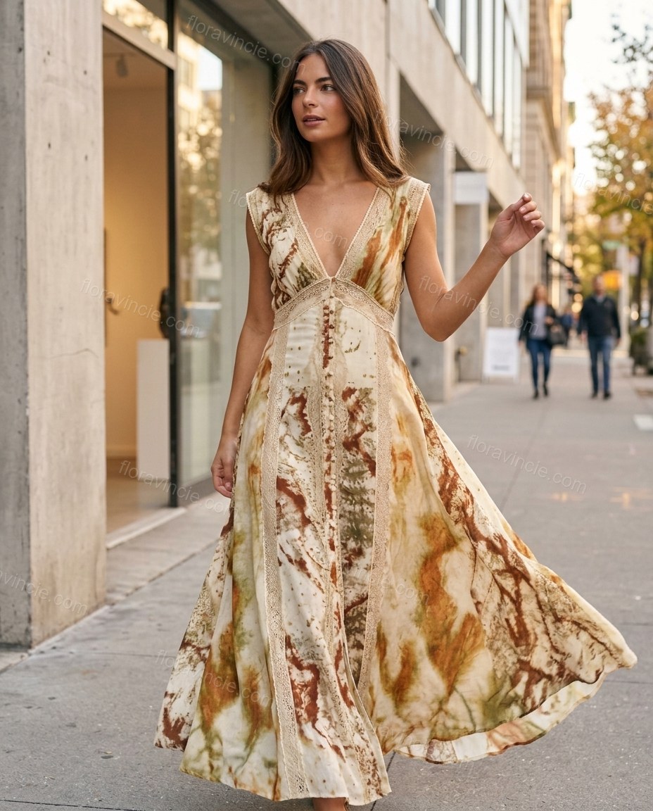Cream Abstract Maxi Lace Dress, walking lifestyle view, by Floravincie
