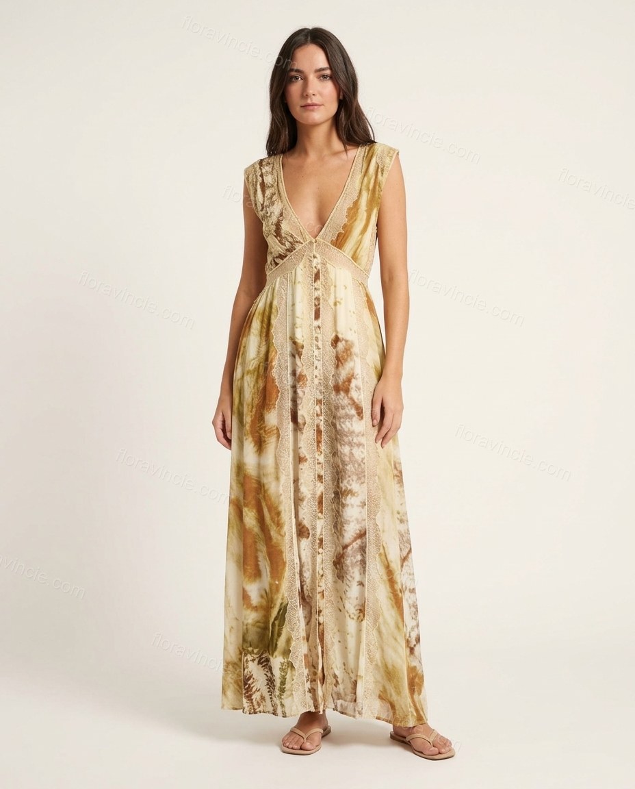 Cream Abstract Maxi Lace Dress, front studio view, by Floravincie