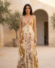 Cream Abstract Maxi Lace Dress, three-quarter brand lifestyle view, by Floravincie