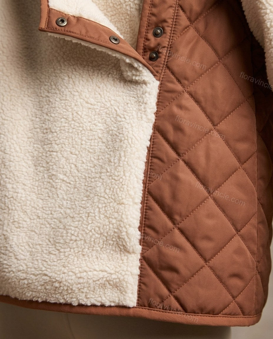 Cream Two-Piece Set, close-up of brown accents, snap button placket and color block design, by Floravincie
