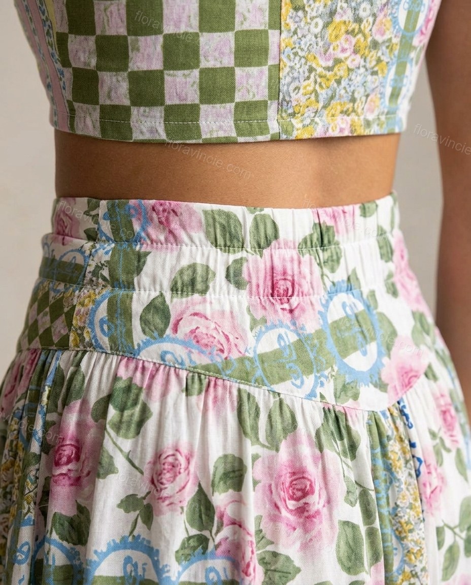 Green Patchwork Maxi Skirt Set, close-up of patchwork, by Floravincie