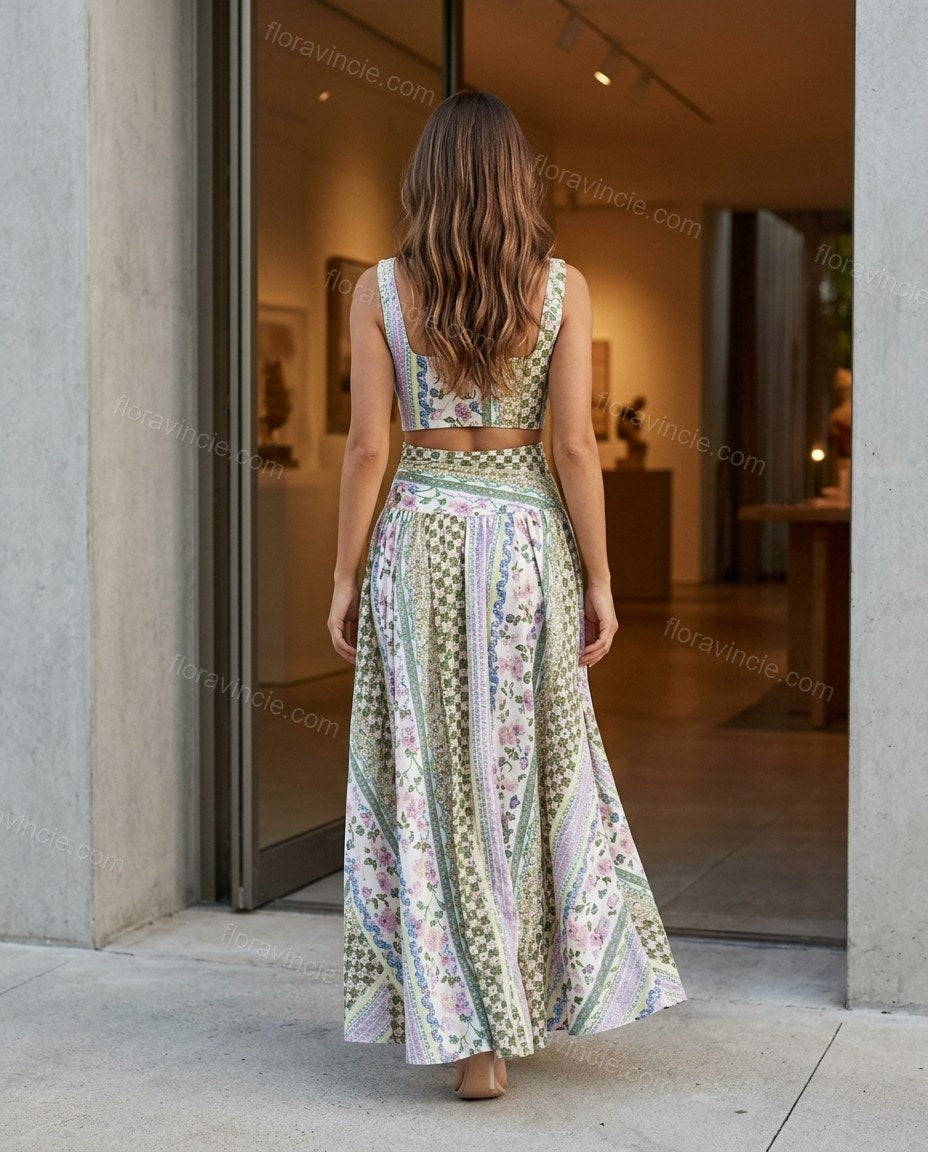 Green Patchwork Maxi Skirt Set, movement and fit lifestyle view, by Floravincie