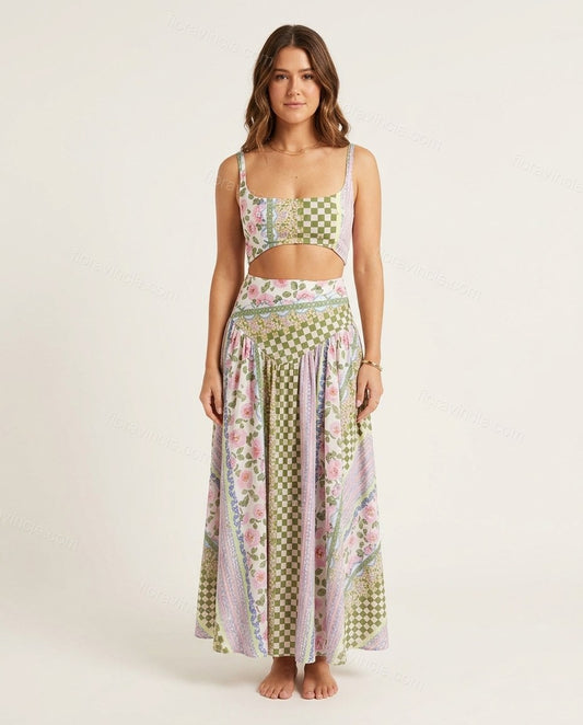 Green Patchwork Maxi Skirt Set, front studio view, by Floravincie