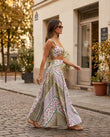 Green Patchwork Maxi Skirt Set, walking lifestyle view, by Floravincie
