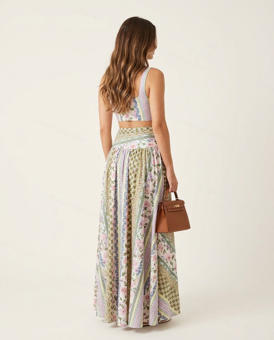 Green Patchwork Maxi Skirt Set, back studio view showing smooth back with no visible details, by Floravincie