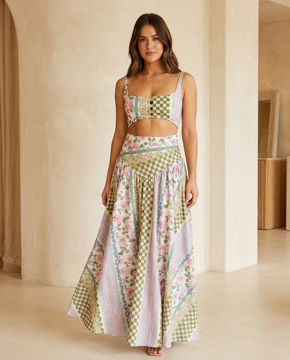 Green Patchwork Maxi Skirt Set, full-length hero view, by Floravincie