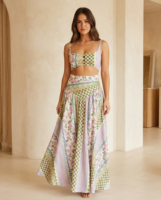 Green Patchwork Maxi Skirt Set, full-length hero view, by Floravincie