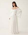 White Maxi Off-Shoulder Dress, side and back studio view, by Floravincie