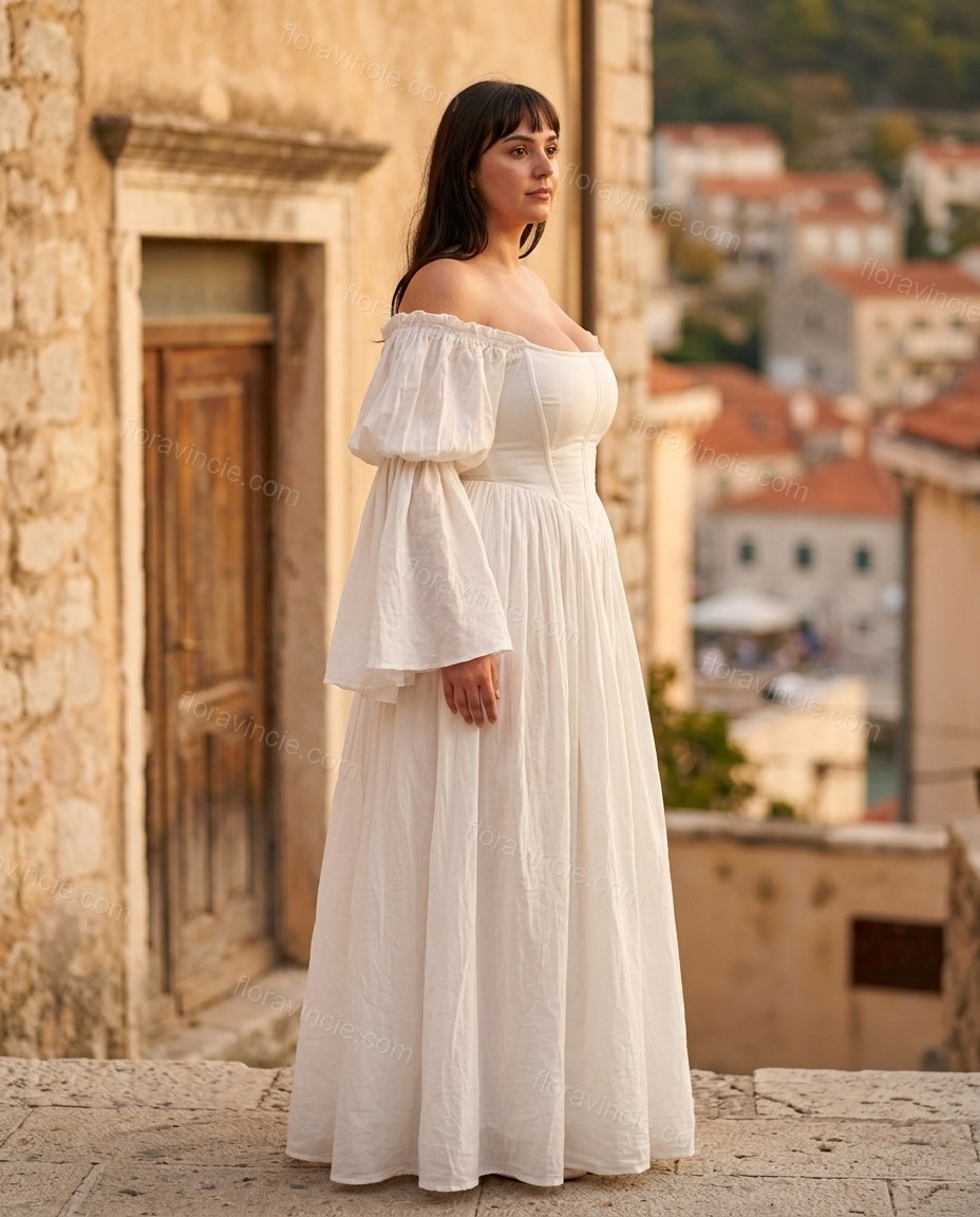 White Maxi Off-Shoulder Dress, three-quarter brand lifestyle view, by Floravincie