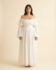 White Maxi Off-Shoulder Dress, full-length hero view, by Floravincie