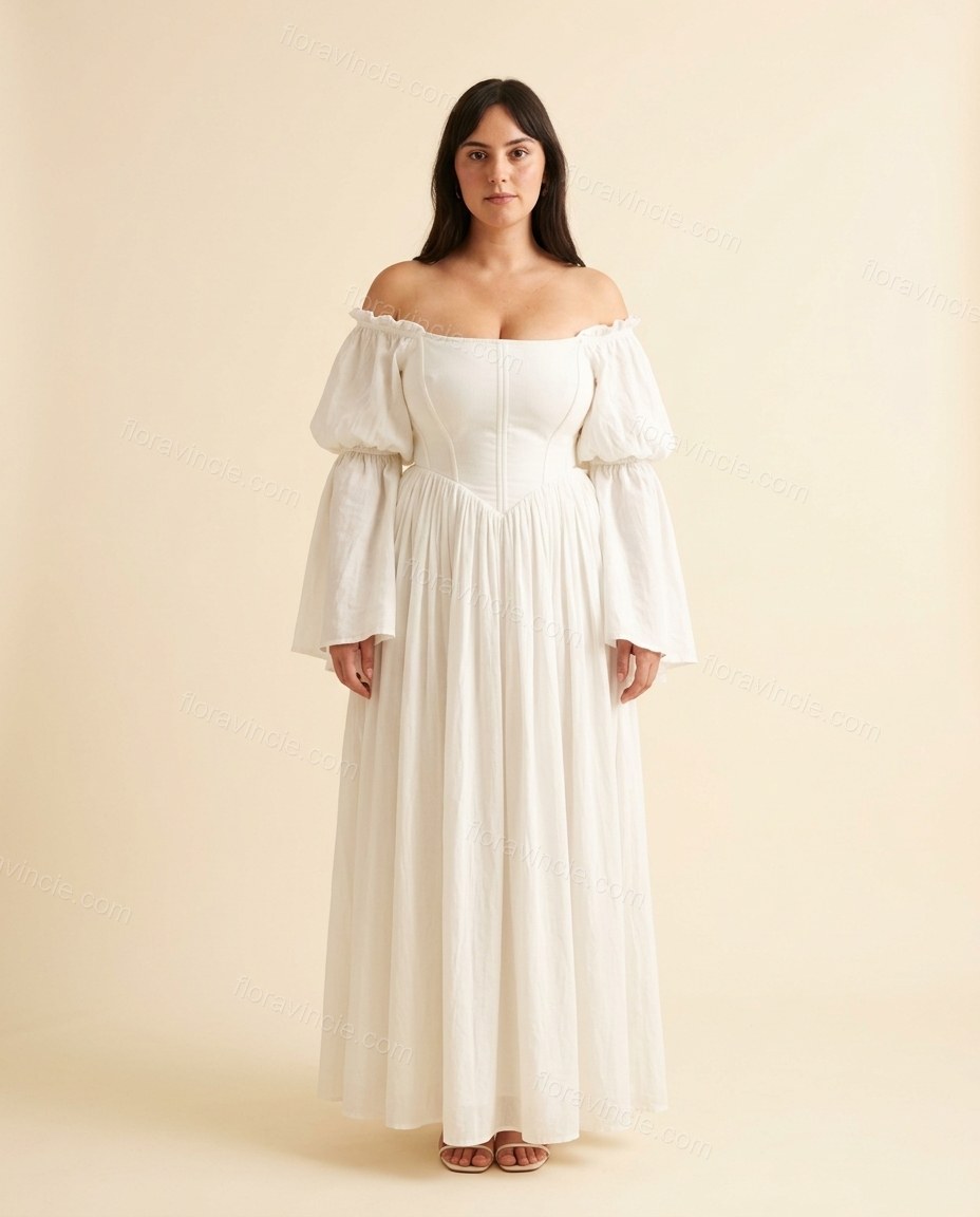 White Maxi Off-Shoulder Dress, full-length hero view, by Floravincie