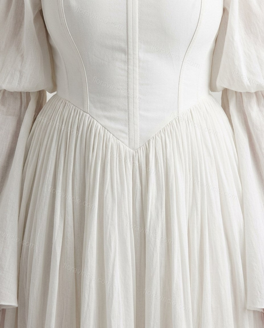 White Maxi Off-Shoulder Dress, close-up of off-the-shoulder design, corset-style bodice and gathered skirt, by Floravincie