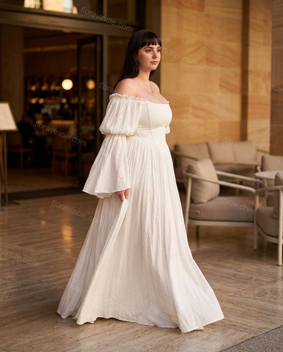 White Maxi Off-Shoulder Dress, movement and fit lifestyle view, by Floravincie