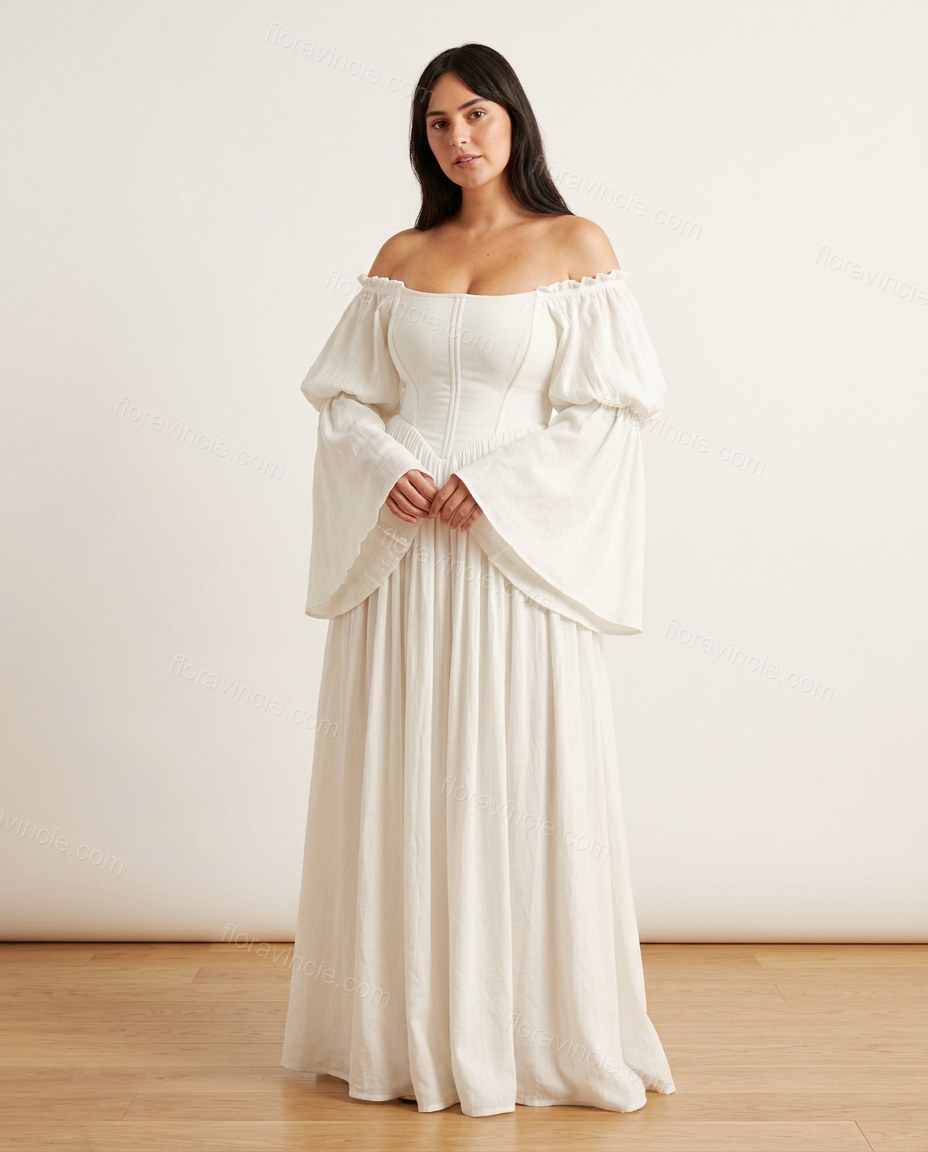 White Maxi Off-Shoulder Dress, front studio view, by Floravincie