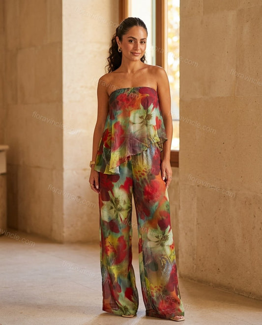Multi-Color Floral Strapless Peplum Pants Set, full-length hero view, by Floravincie