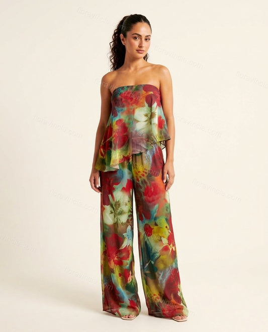Multi-Color Floral Strapless Peplum Pants Set, front studio view, by Floravincie