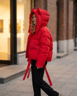 Red Jacket, walking lifestyle view, by Floravincie