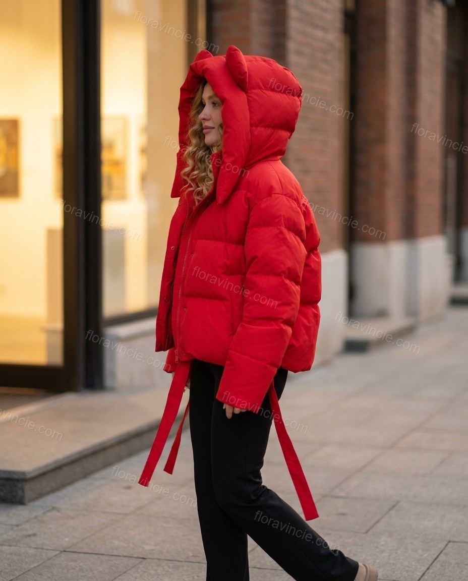Red Jacket, walking lifestyle view, by Floravincie