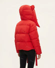 Red Jacket, back studio view showing padded construction, large hood with ear-like details, by Floravincie