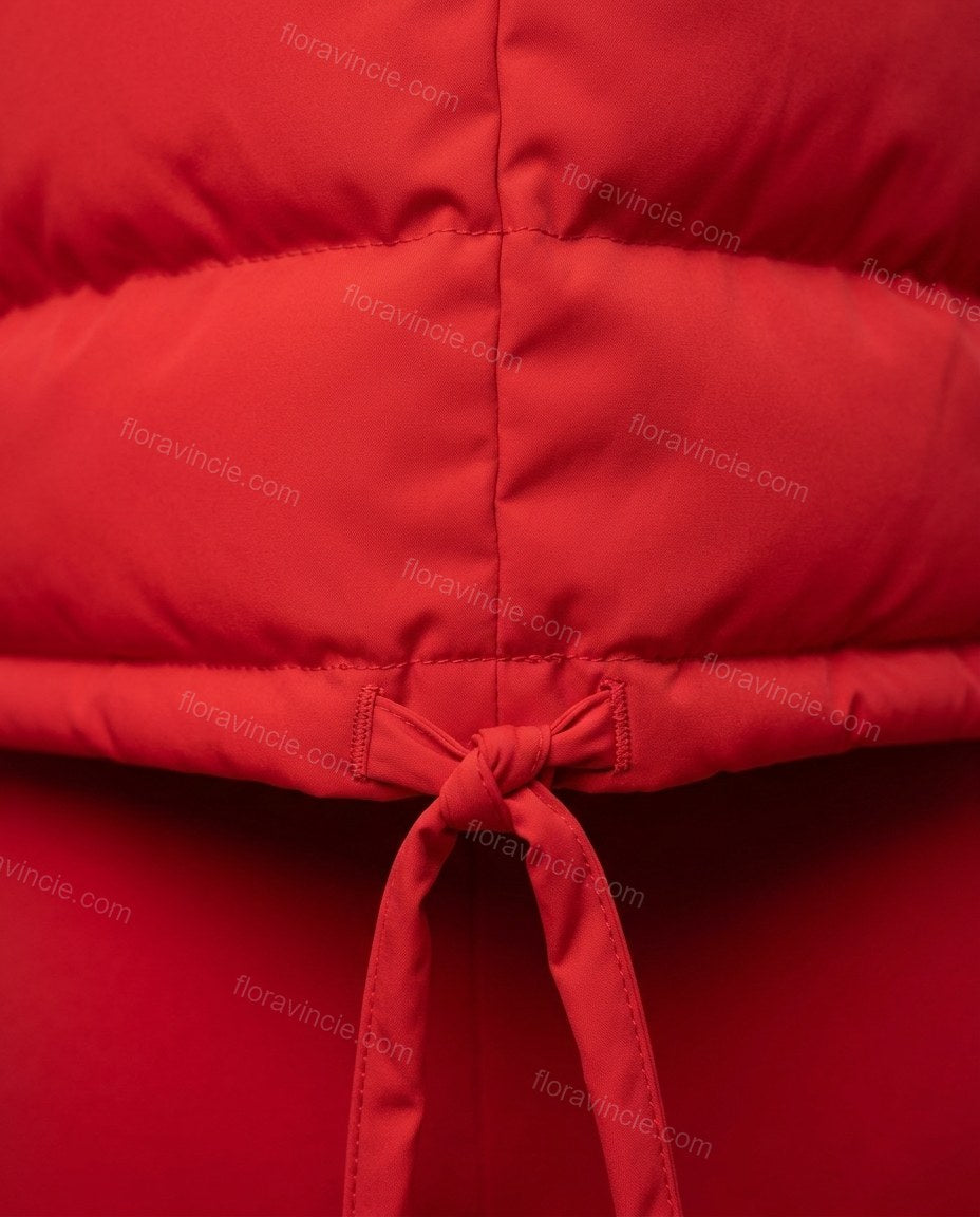 Red Jacket, close-up of hooded, padded and drawstring/tie hem, by Floravincie