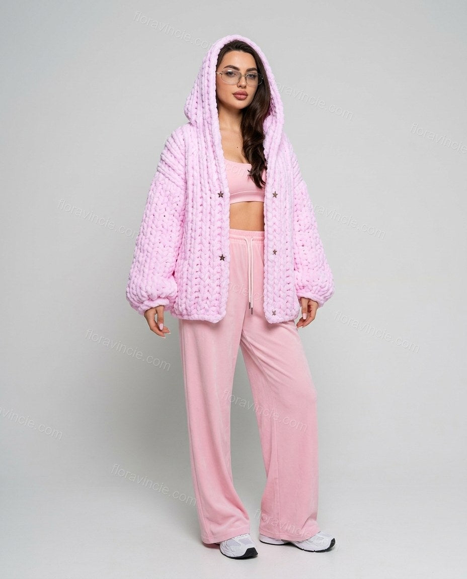 Pink Knit Ribbed Two-Piece Set, front studio view, by Floravincie