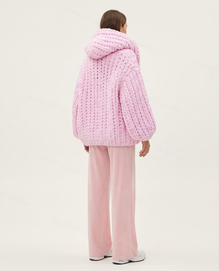 Pink Knit Ribbed Two-Piece Set, back studio view showing voluminous, chunky knit hooded back, by Floravincie