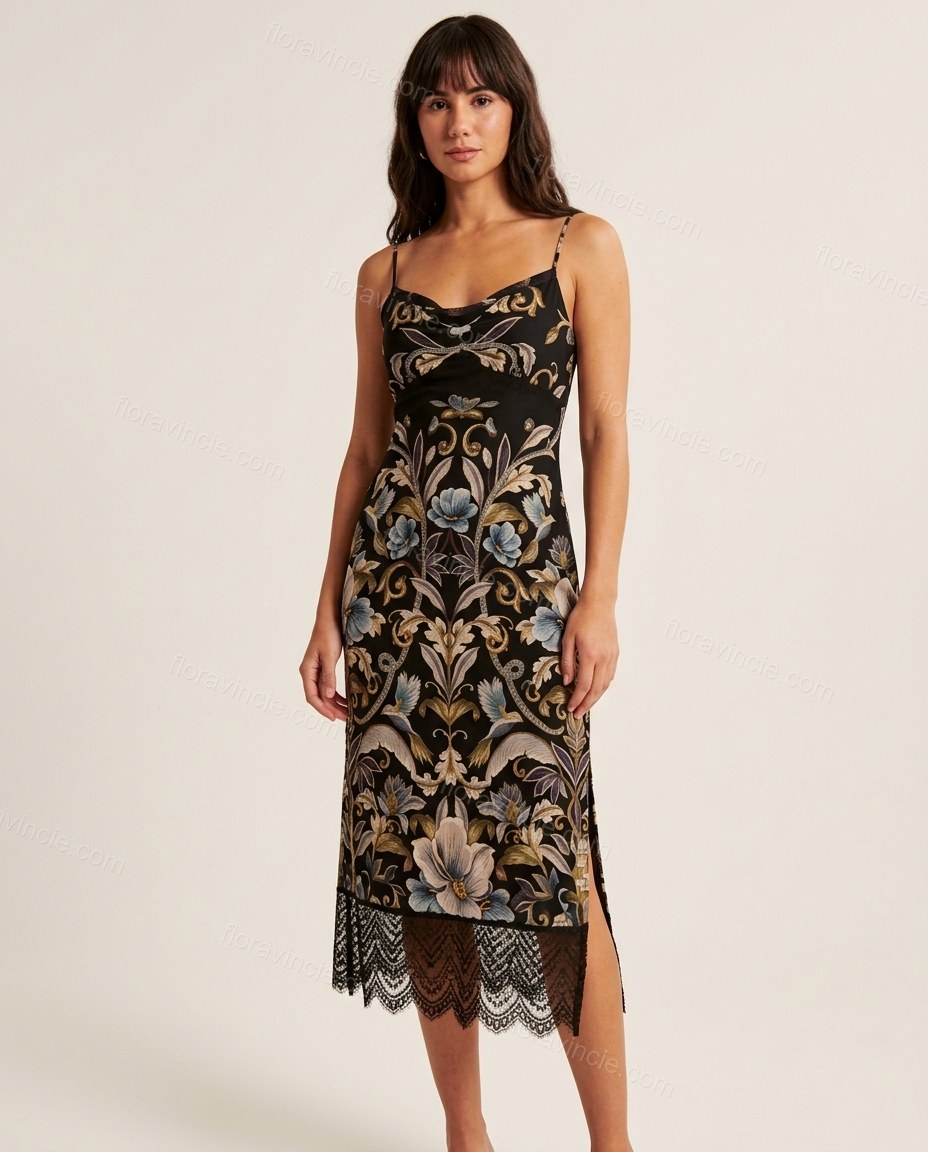 Black Floral Midi Cowl-Neck Dress, front studio view, by Floravincie