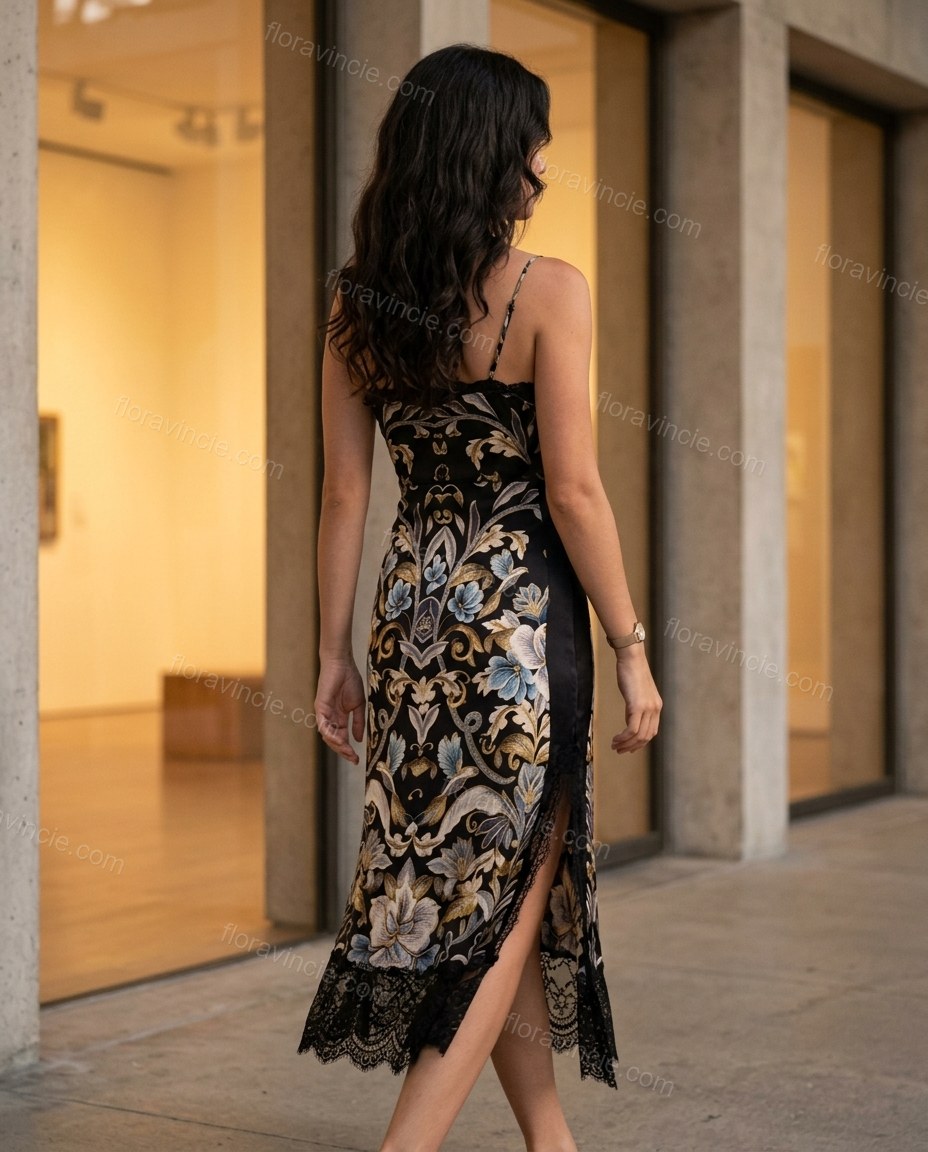 Black Floral Midi Cowl-Neck Dress, alternate use-case lifestyle view, by Floravincie