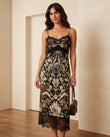 Black Floral Midi Cowl-Neck Dress, full-length hero view, by Floravincie