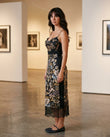 Black Floral Midi Cowl-Neck Dress, three-quarter brand lifestyle view, by Floravincie