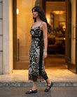 Black Floral Midi Cowl-Neck Dress, walking lifestyle view, by Floravincie