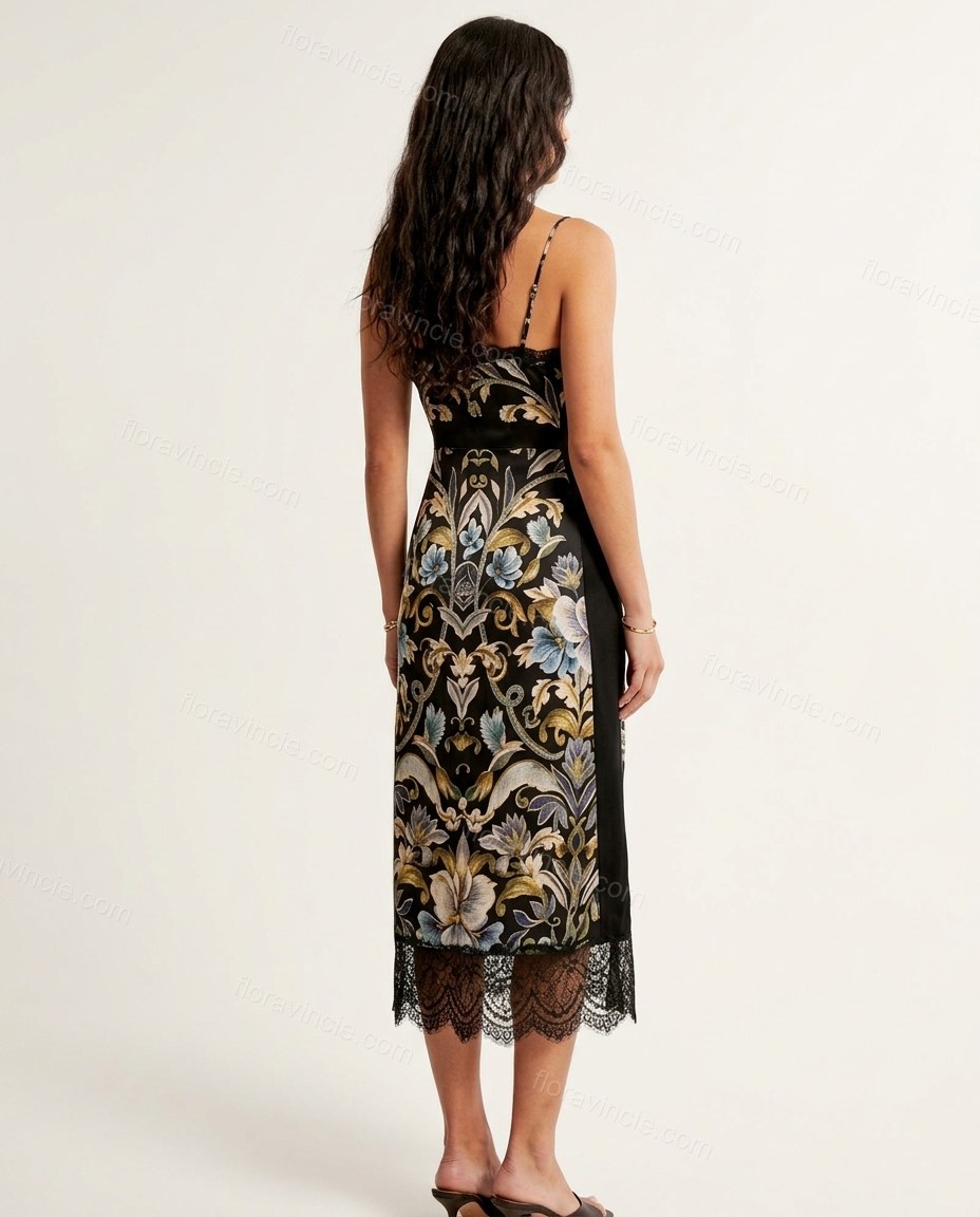 Black Floral Midi Cowl-Neck Dress, back studio view showing plain black with lace trim at hem, by Floravincie