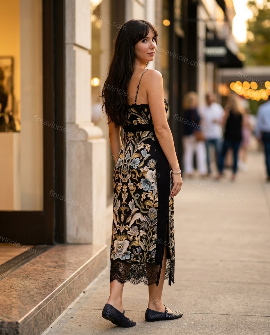Black Floral Midi Cowl-Neck Dress, movement and fit lifestyle view, by Floravincie