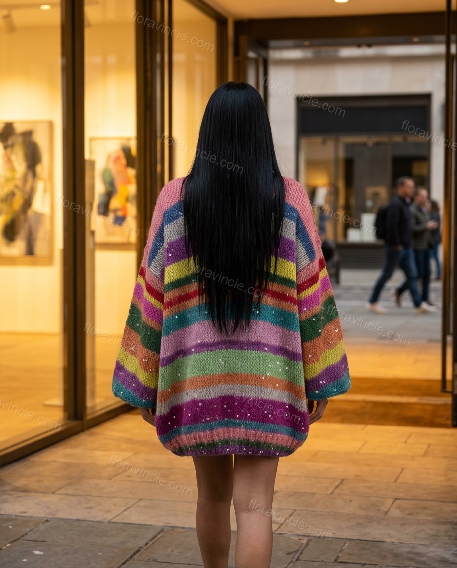 Multi-Color Striped Mini Knit Dress, three-quarter brand lifestyle view, by Floravincie