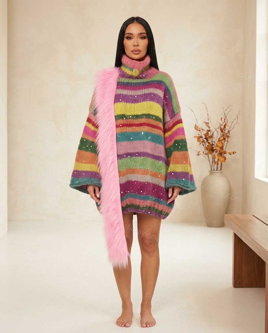 Multi-Color Striped Mini Knit Dress, full-length hero view, by Floravincie