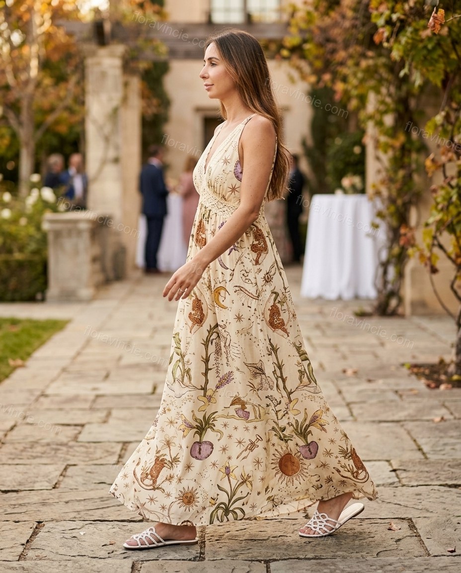 Cream Maxi Lace Dress, walking lifestyle view, by Floravincie