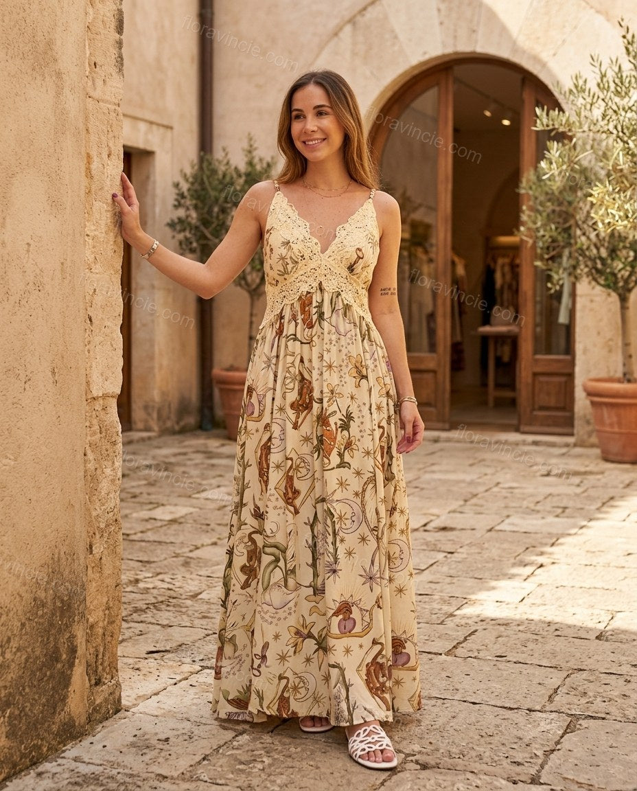 Cream Maxi Lace Dress, three-quarter brand lifestyle view, by Floravincie