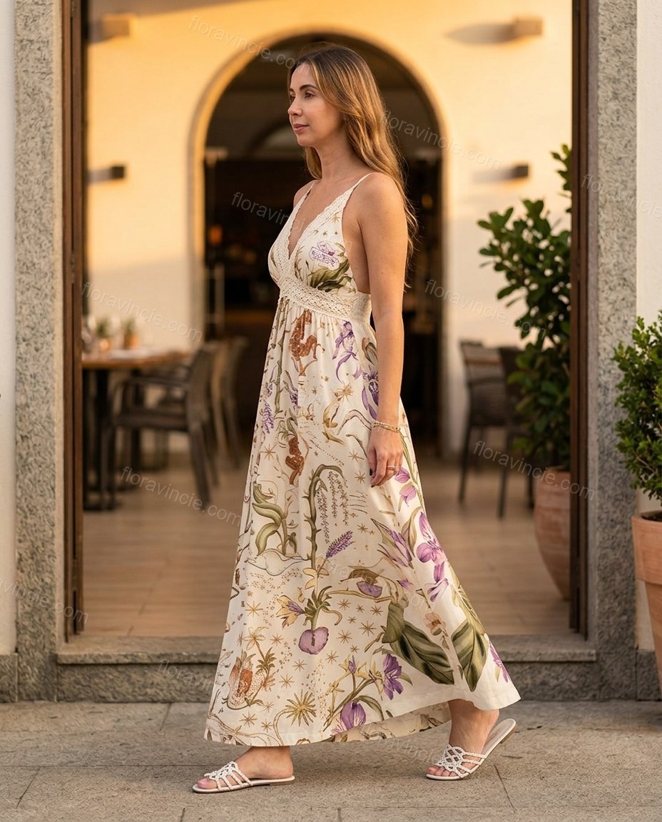 Cream Maxi Lace Dress, movement and fit lifestyle view, by Floravincie