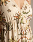 Cream Maxi Lace Dress, close-up of brown and green accents, lace trim at neckline and wide straps, by Floravincie