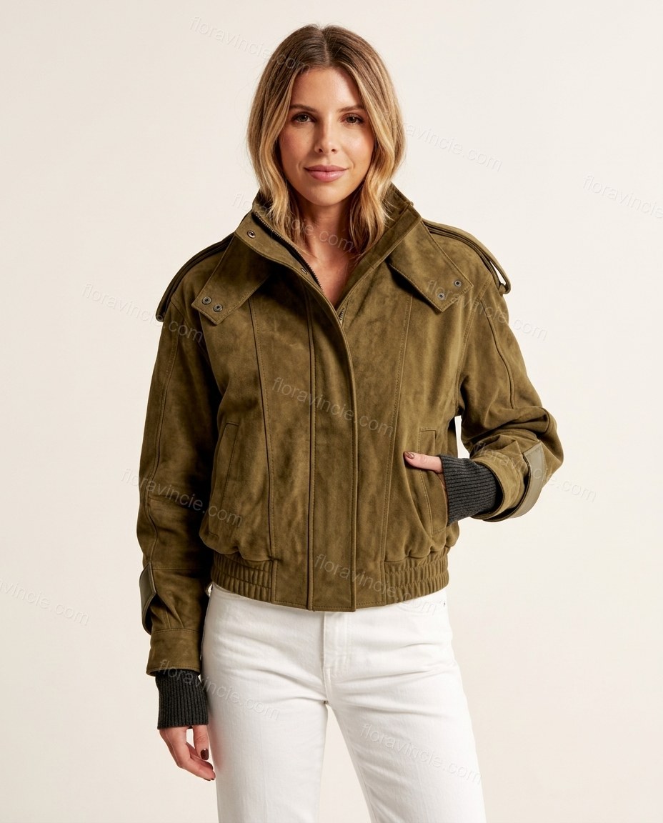 Olive Green Ribbed Jacket, front studio view, by Floravincie