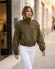 Olive Green Ribbed Jacket, movement and fit lifestyle view, by Floravincie