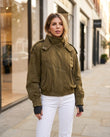 Olive Green Ribbed Jacket, three-quarter brand lifestyle view, by Floravincie