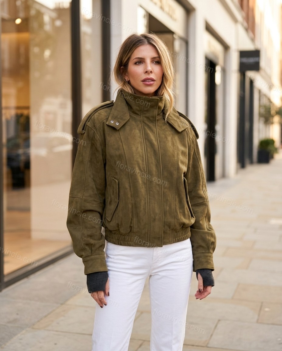 Olive Green Ribbed Jacket, three-quarter brand lifestyle view, by Floravincie