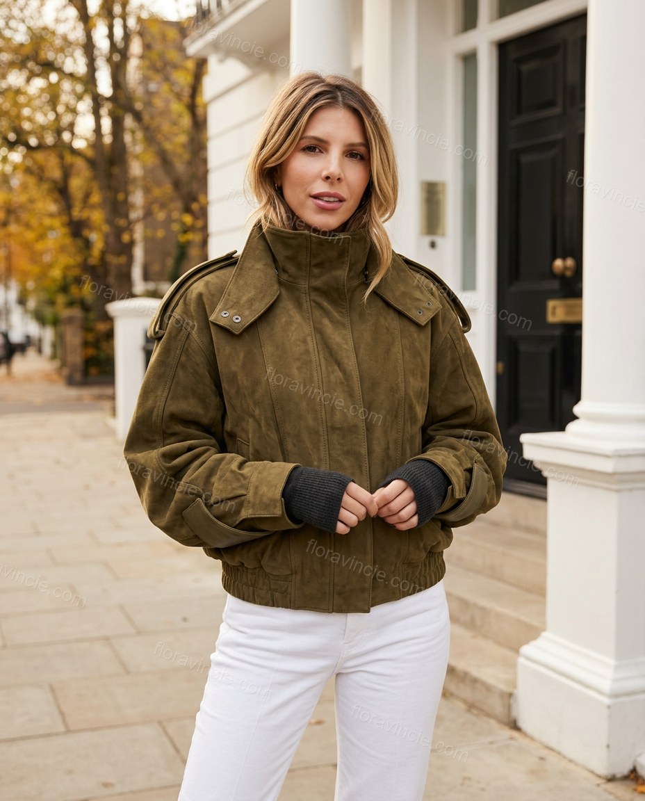 Olive Green Ribbed Jacket, full-length hero view, by Floravincie