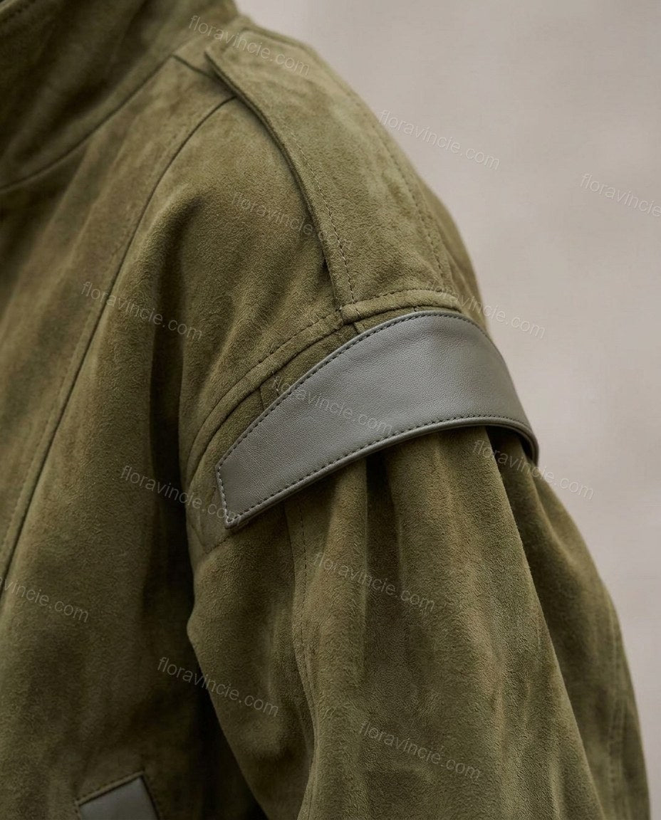 Olive Green Ribbed Jacket, close-up of dark grey accents, ribbed cuffs and ribbed hem, by Floravincie