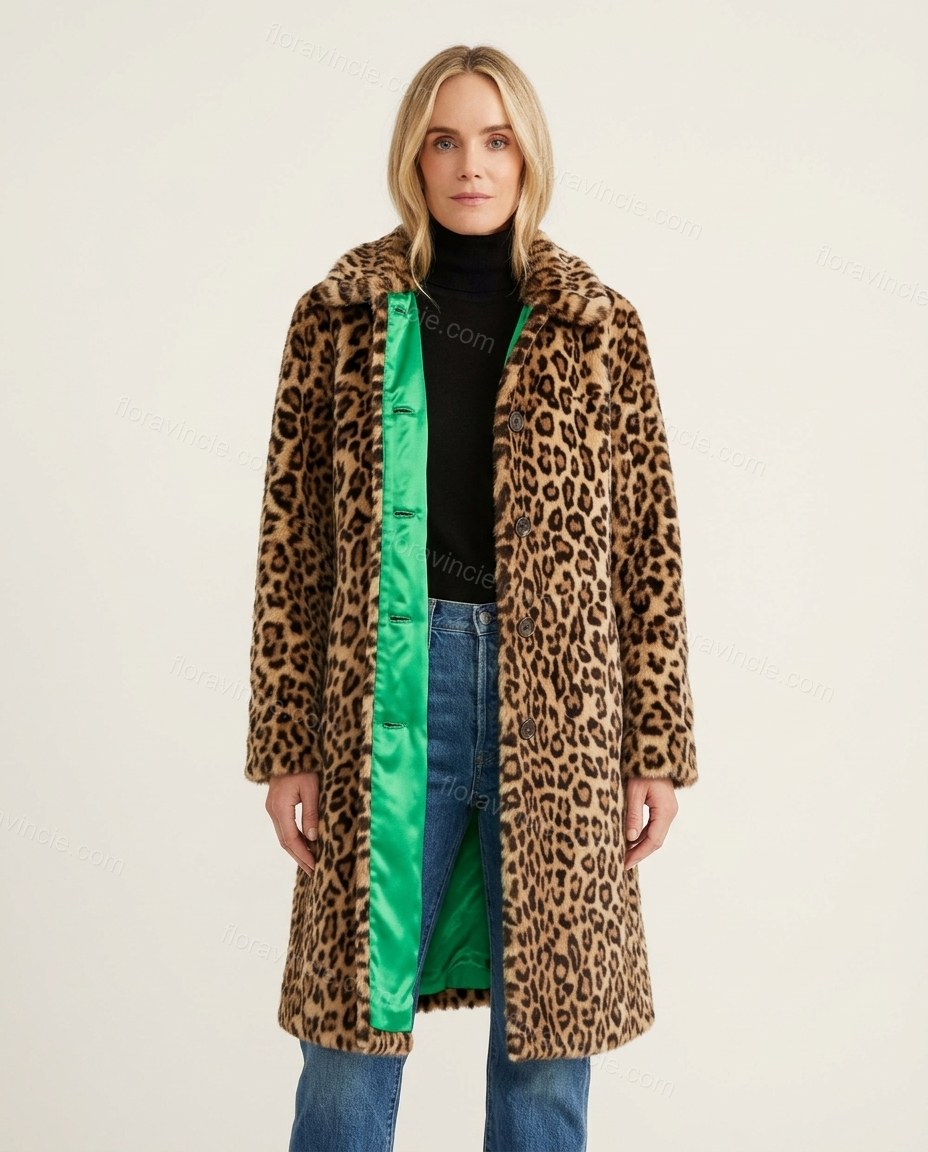 Brown Leopard Print Faux-Fur Coat, front studio view, by Floravincie