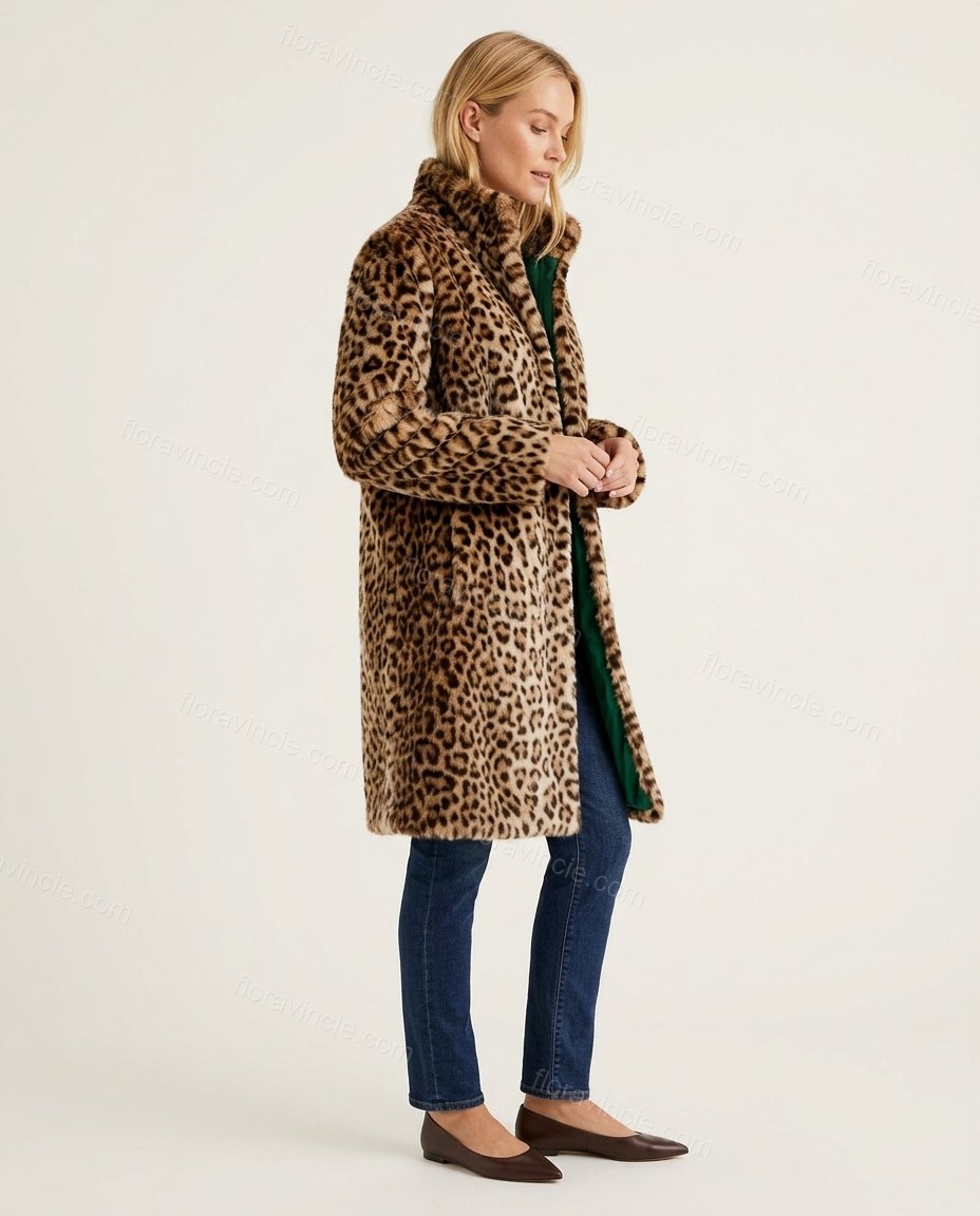 Brown Leopard Print Faux-Fur Coat, side and back studio view, by Floravincie
