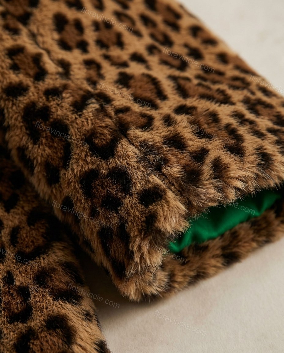 Brown Leopard Print Faux-Fur Coat, close-up of leopard print, by Floravincie